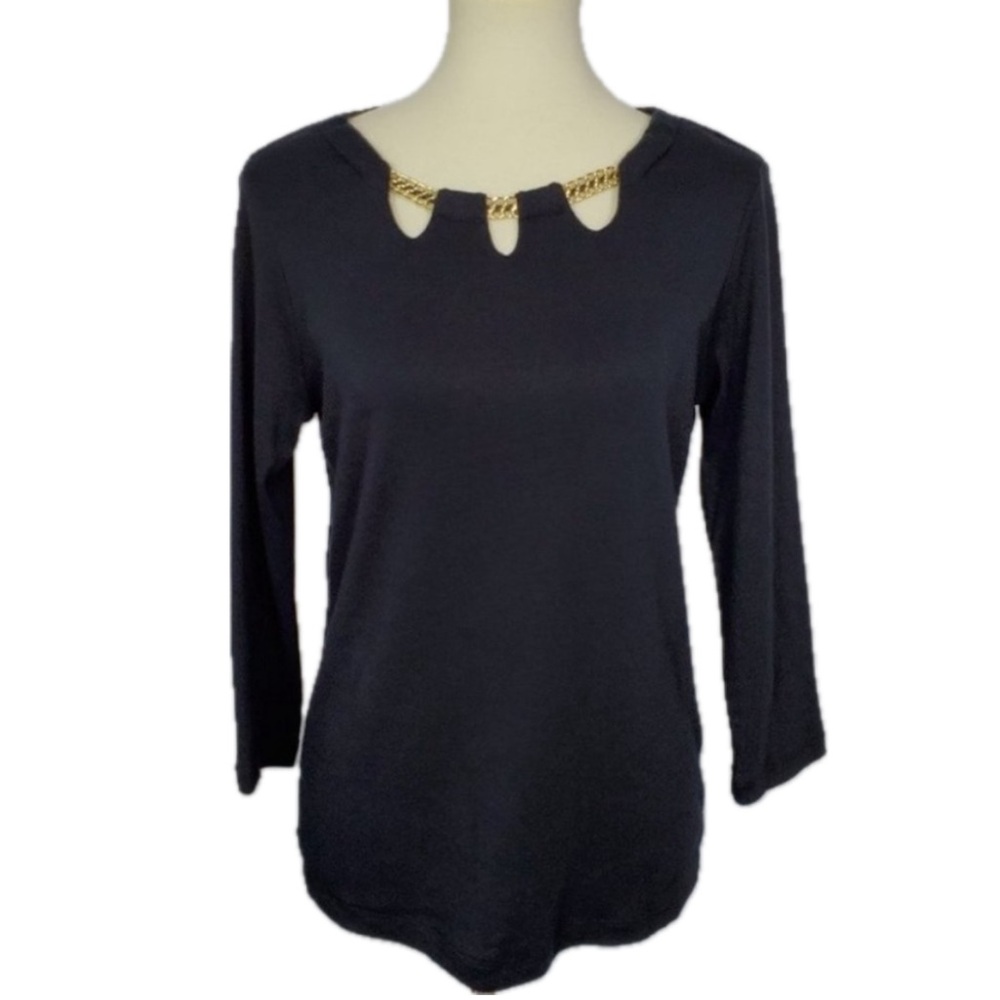 Karen Scott Black 3/4 Sleeve top with gold Chain Neckline